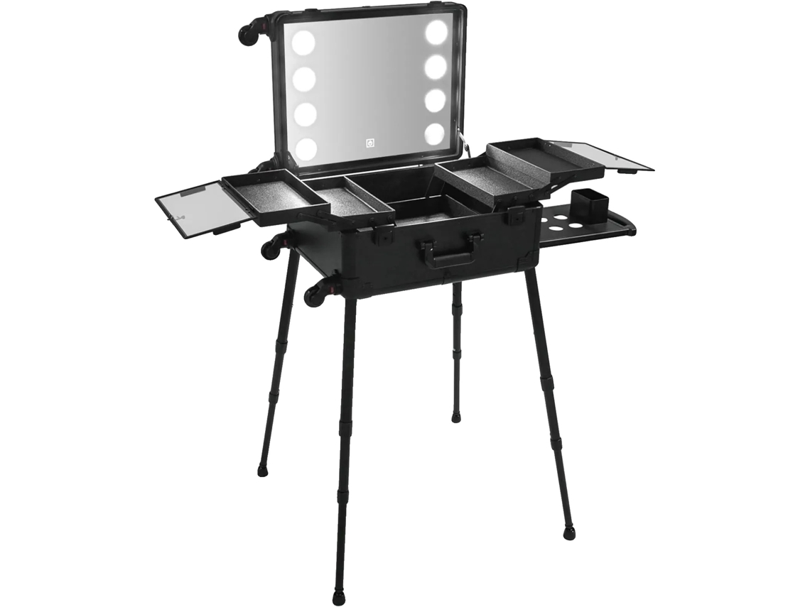 Estuche de maquillaje, altura ajustable, iluminación LED, negro.