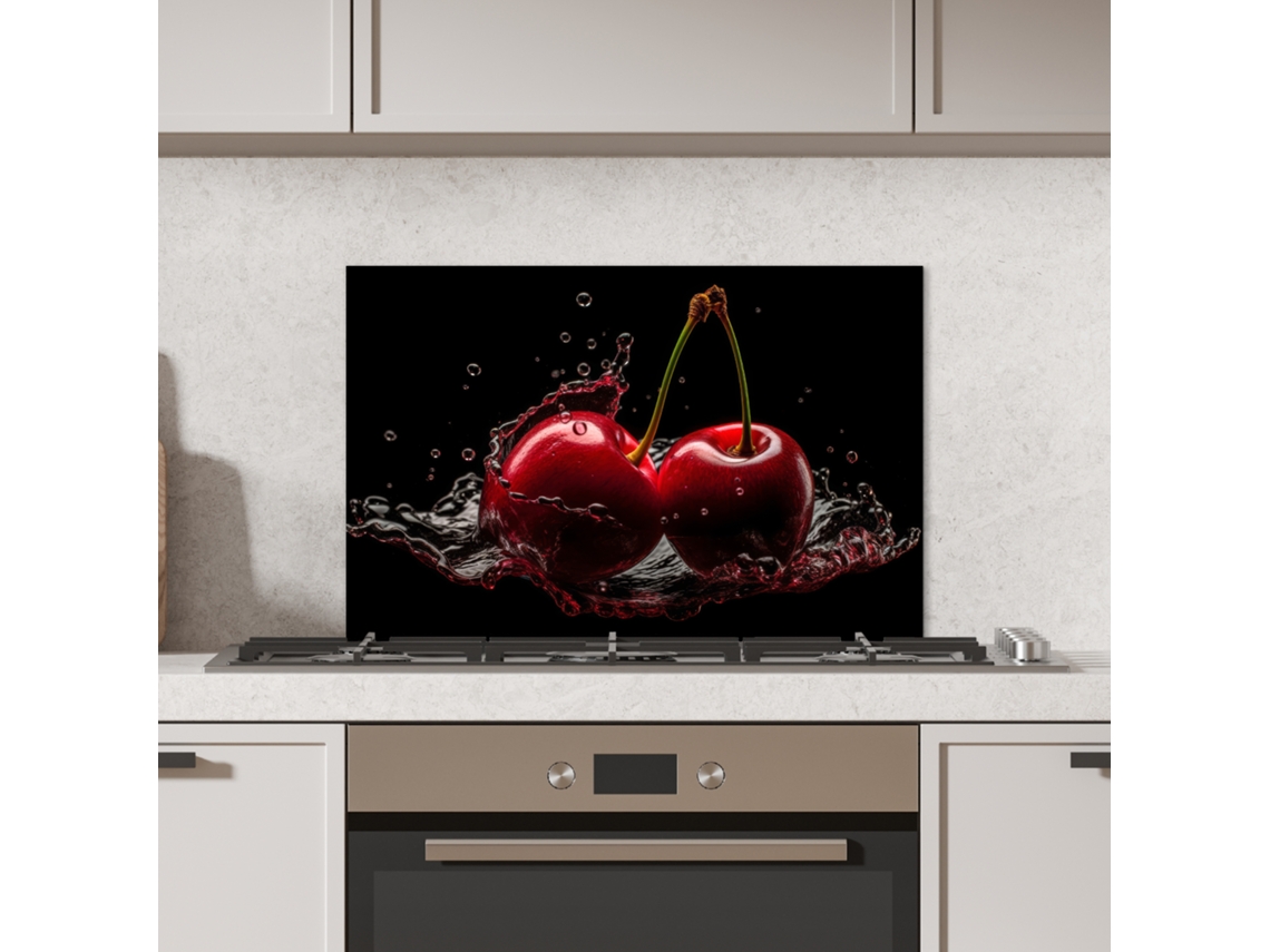 Panel antisalpicaduras de cocina color cereza - rojo - fruta - agua - negro 60x40 cm