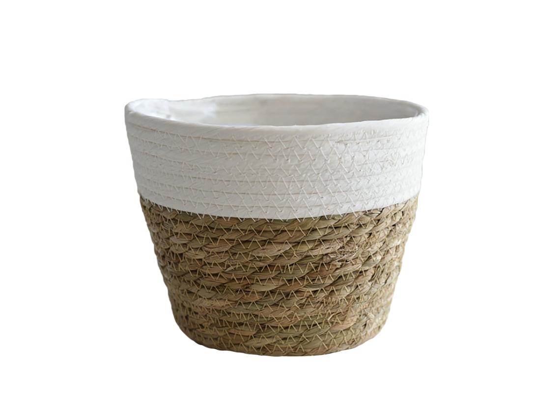 Cesta con macetas, tela de paja y plantas suculentas.