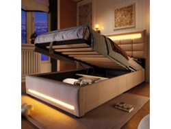 Cama Tapizada De 90x200 Cm Con Iluminación Led, Sistema Hidráulico, Almacenamiento Usb Y Ropa De Cama Color Beige.