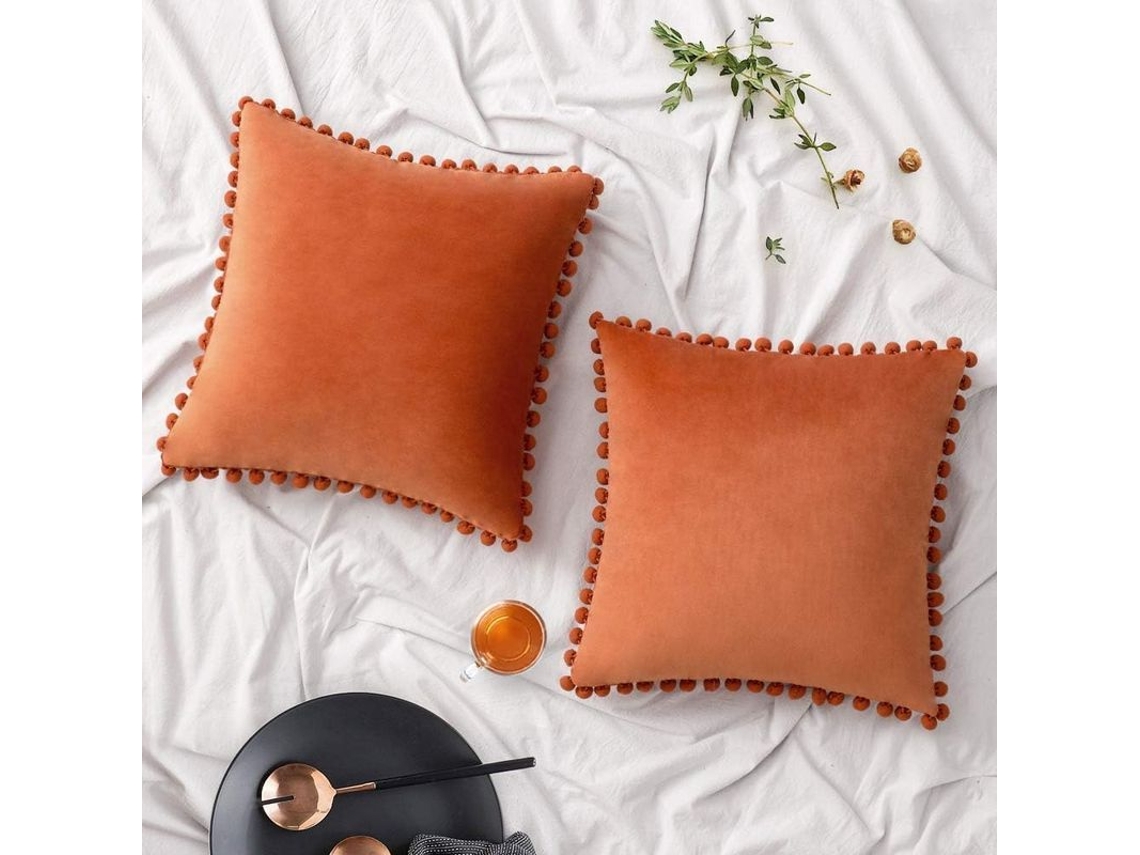 2026-funda De Almohada De Terciopelo Otoño Halloween Con Pompones 2ud 45x45cm Naranja Para Sofá Dormitorio Coche