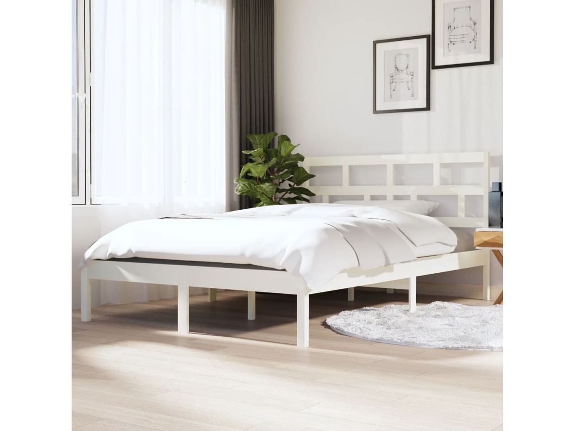 Estructura De Cama Doble De Madera Maciza Blanco 135x190 Cm