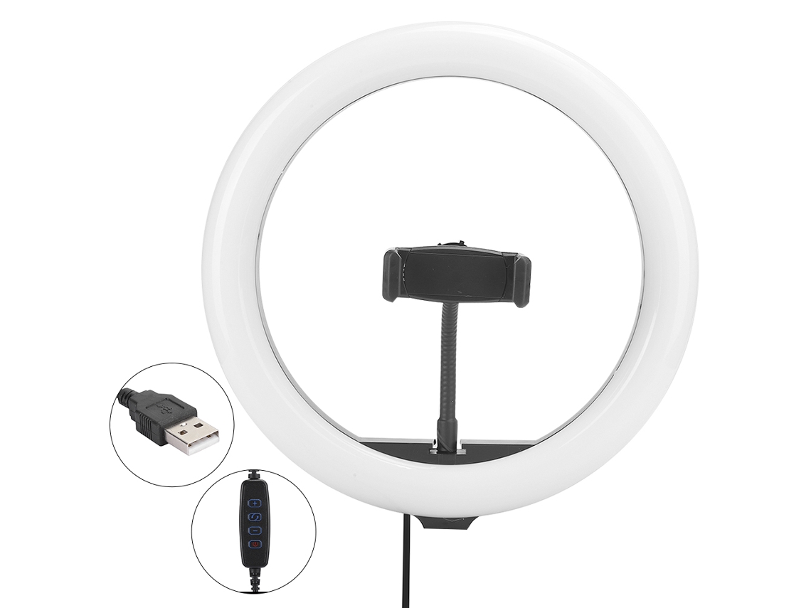 Anillo de luz LED con iluminación completa y soporte para teléfono
