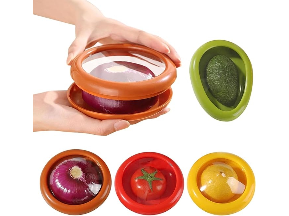 4 Recipientes Reutilizables Para Almacenar Frutas Y Verduras: Aguacate, Cebolla, Tomate Y Limón.