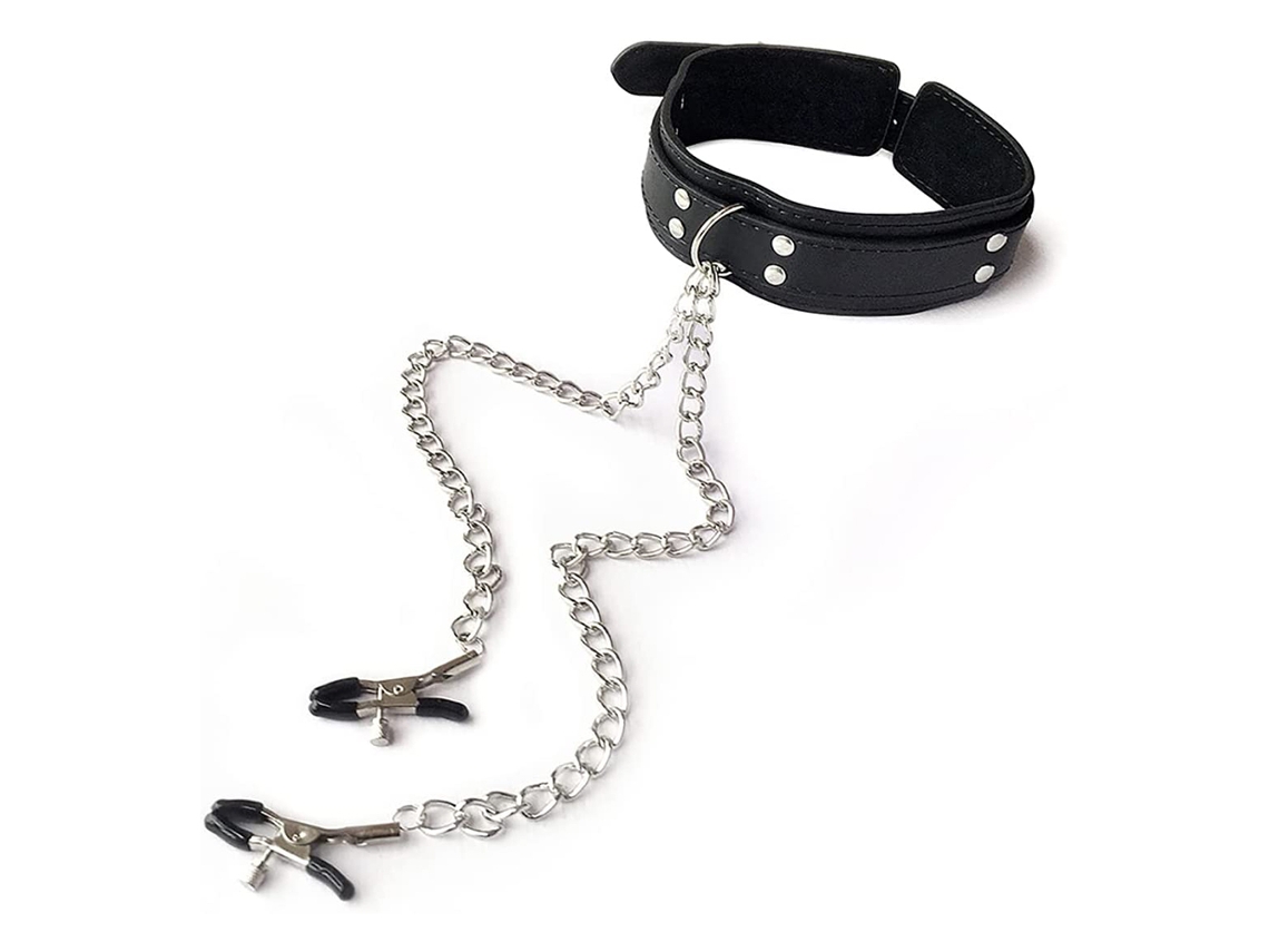 Pinzas De Pezón Y Brazaletes De Cuello Para Adultos De Cuero Con Cadena Metalica