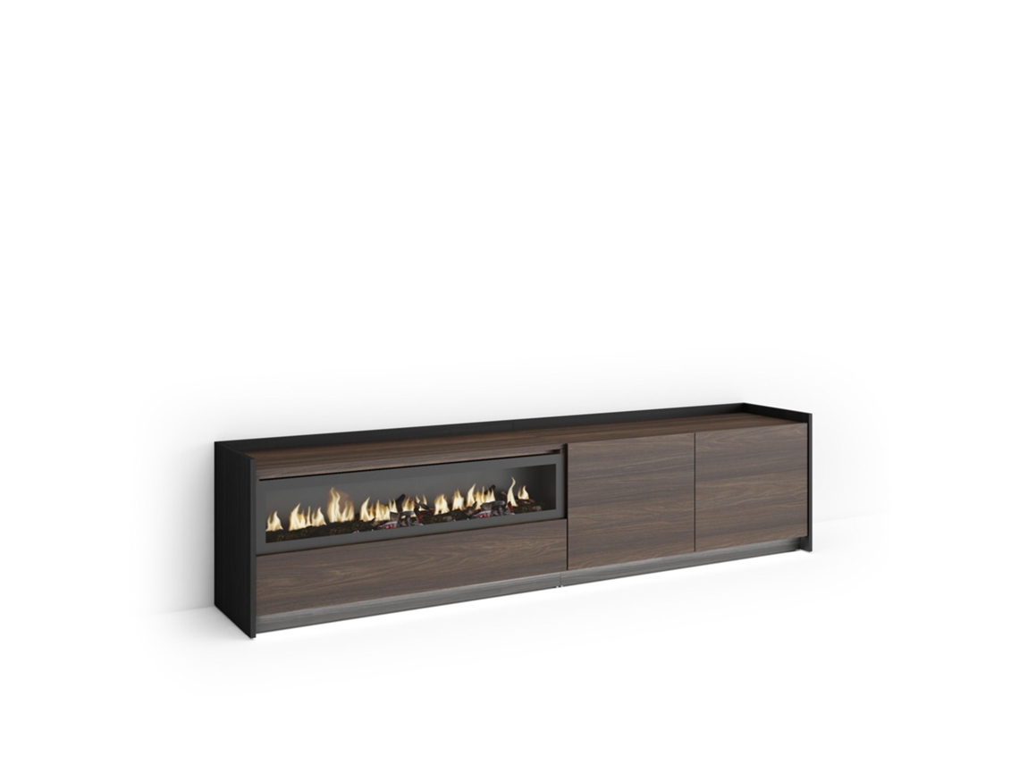 Mueble Tv, Televisión, 207x37x50cm, Para Tv Hasta 80", Chimenea Eléctrica, Led, Roble Oscuro Y Negro