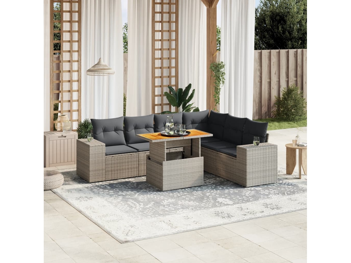 Conjunto de sofá de jardín de 7 piezas con cojines, mimbre gris, DKD Home Decor