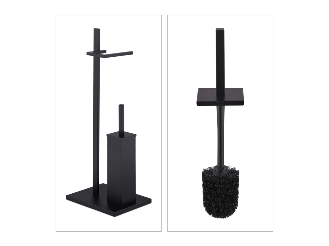 Conjunto De Sanita Relaxdays, Suporte Para Papel Higiénico, Aço, Escova Com Suporte, 3 Cabeças, Preto