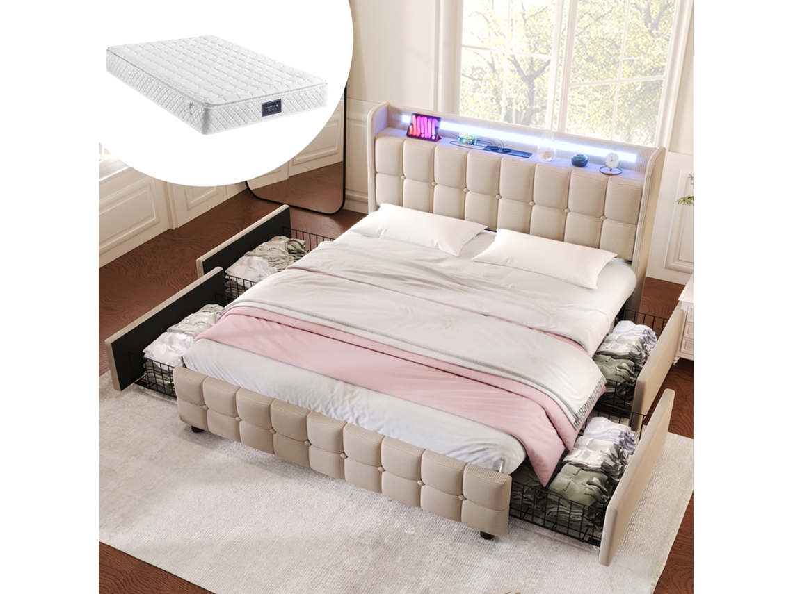 Cama Doble 160x200 Cm, Almacenamiento, Cabecero Led Con Usb, 4 Cajones, Madera Beige, Con Colchón.
