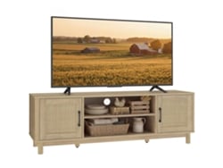 Mueble Para Tv De 135 Cm, Mueble Para Televisores De Hasta 65 Pulgadas Con 2 Puertas De Ratán, 2 Compartimentos Abiertos, Roble.