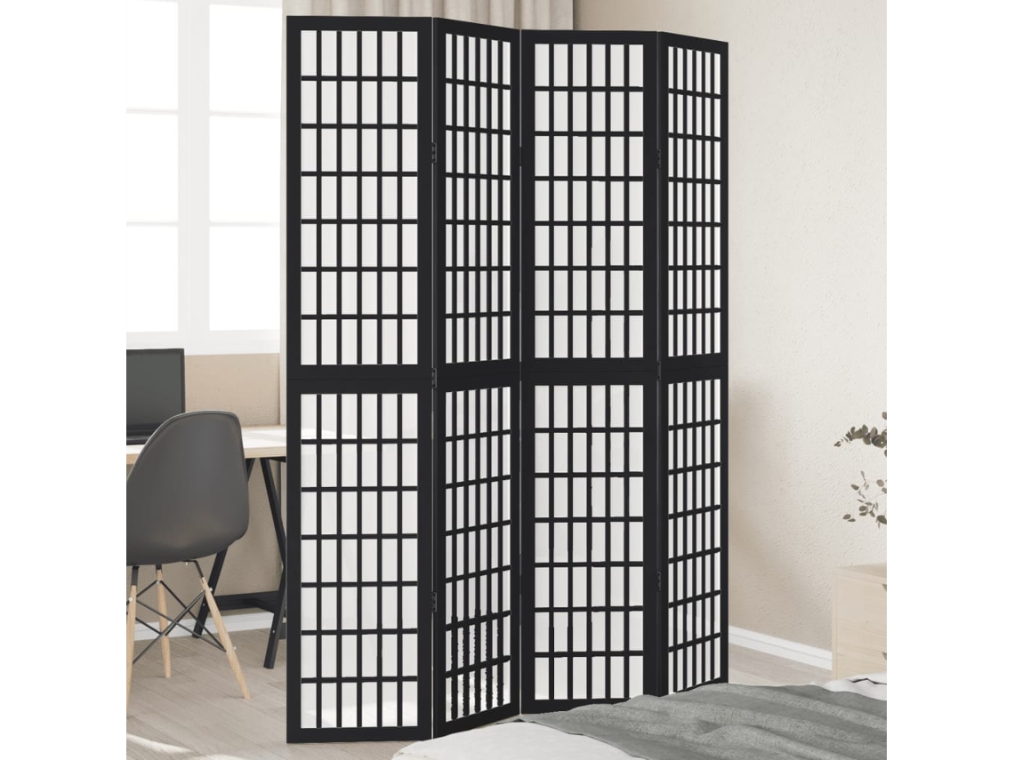 Biombo de 4 paneles de madera maciza de paulownia, color negro, Wsd256080 Lovely Home