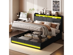 Cama Tapizada De 140x200 Cm, Cama Doble, Con Compartimento De Almacenaje, Led Con Control Por Aplicación, Tela De Piel Sintética - Negro
