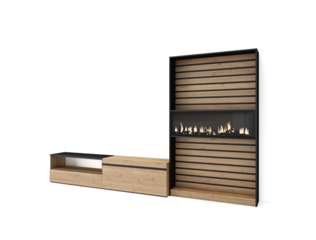 Muebles de Salón para TV SKRAUT HOME Para TV hasta 80", Chimenea eléctrica, Roble y Negro (310x186x35 cm)