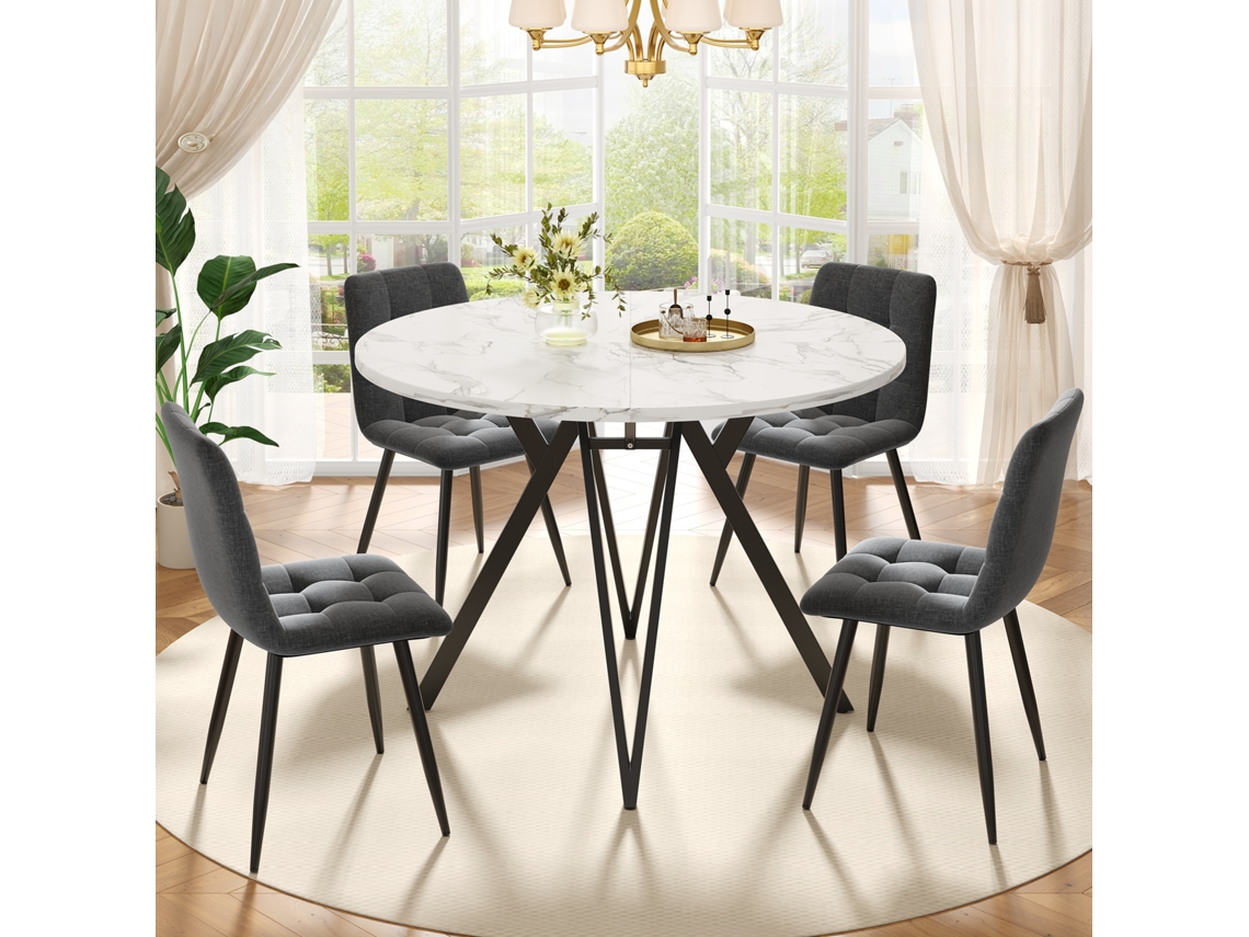 Conjunto Mesa Y Sillas 5 Piezas - Mesa Redonda 100 Cm, Patas Metálicas Negras, Tablero Mdf, Sillas Lino Gris