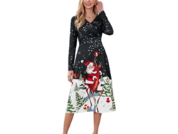 Vestido navideño holgado para mujer Kkpm con estampado, cuello en V, mangas largas y cintura ajustada, corte en A, negro, talla L