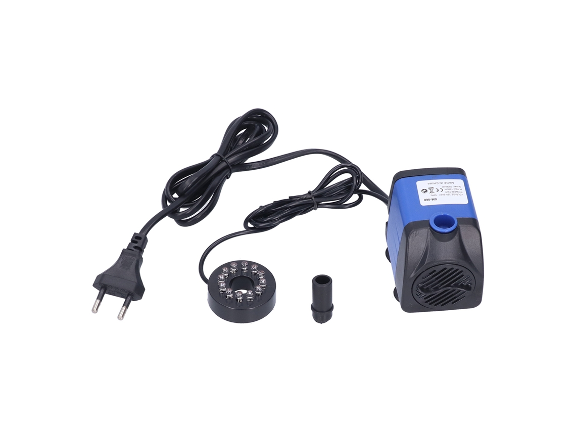 Bomba sumergible azul con luz LED para acuario y fuente.