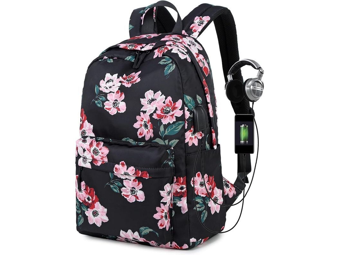 2026-mochila Escolar Retro De Flores Para Mujer Con Puerto De Carga Usb Resistente Al Agua Color Negro