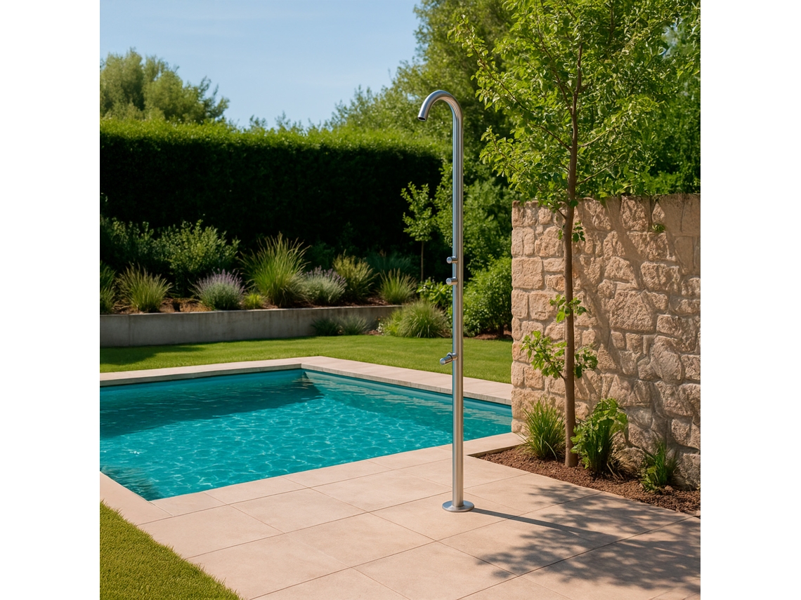 Doccia Piscina Per Esterno En Acciaio 316 Acero Inoxidable Satinato Con Diviatore, Miscelatore Calda/fredda, Getto Lavapiedi Y Soffione Anticalcare Mpc