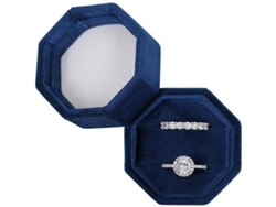 2026-caja De Anillos De Terciopelo Octagonal Con Doble Ranura Para Boda Y Compromiso Azul Oscuro