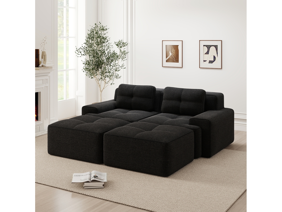 Sofá Modular 2 Plazas - U-shaped, Cómodo, Corduroy, Con Otomán - Negro