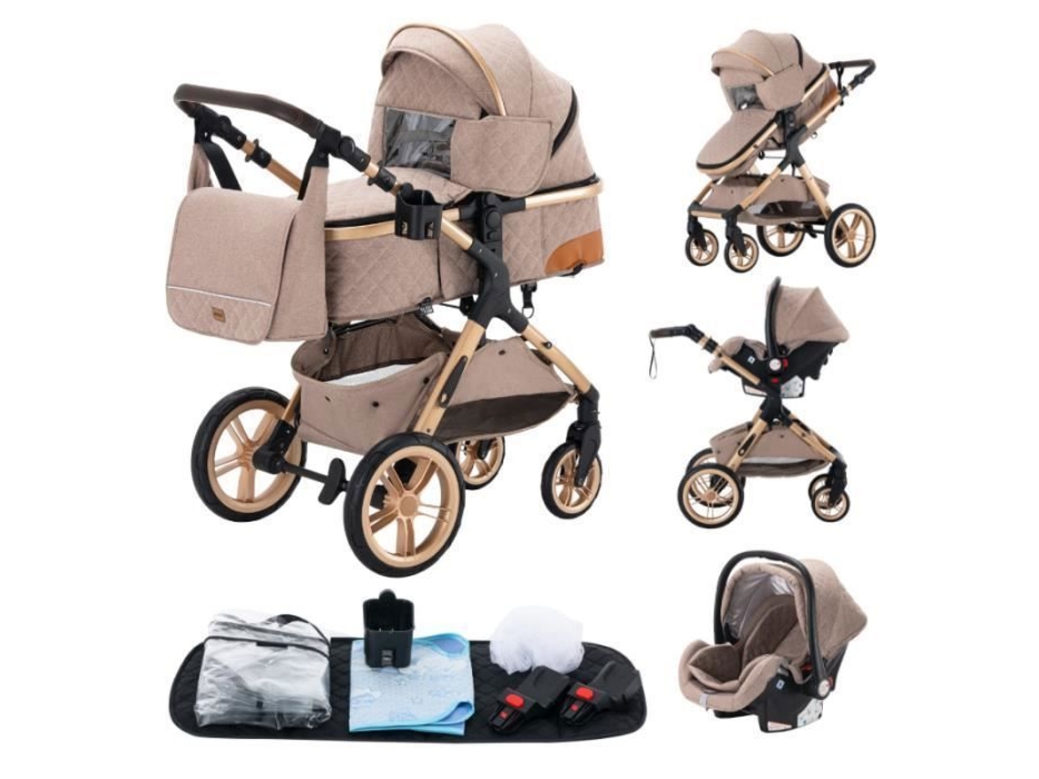 Carrito 3 En 1 Carrito Combinado Con Cuna Asiento De Coche Hasta 15kg Caqui Yazoco