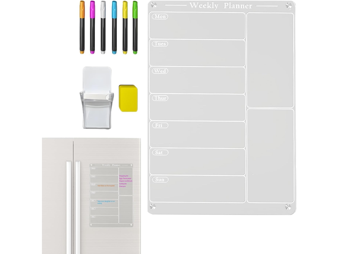 Pizarra Blanca, Planificador De Comidas Magnético Acrílico De 30 Cm, 6 Marcadores Reutilizables