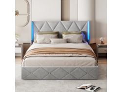 Cama De Casal 160x200 Com Armazenamento, Led E Mola A Gás, Cama Arquitetor Tapizada Em Cinza, Capacidade 340kg