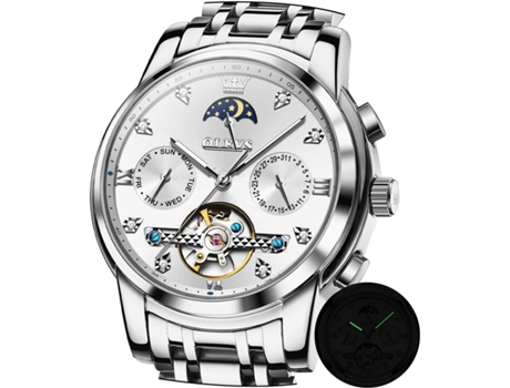 VEANXIN Reloj Automático para Hombre Tourbillon con Diamantes Fase Lunar Reloj para Hombre Luminoso de Acero Inoxidable de Dos Colores Resistente a...