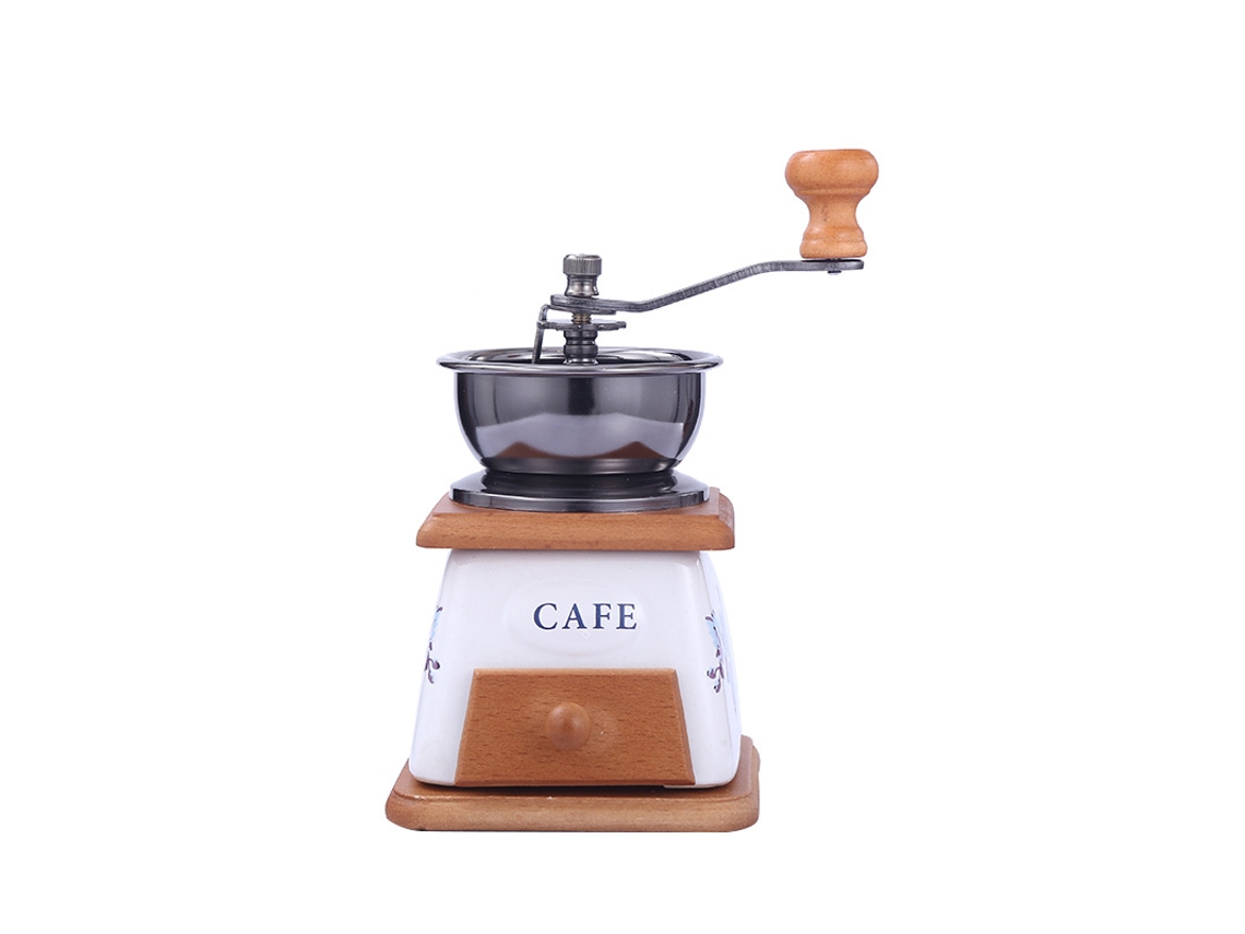 Mini molinillo de café manual retro con manivela, de cerámica blanca con estampado, ideal para uso doméstico. Sfushos