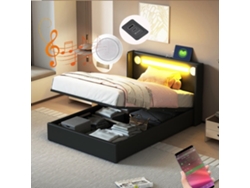 Cama Contenedor Tapizada En Piel Sintética De 90x200 Cm Con Led, Reproductor Bluetooth Y Puertos De Carga Usb - Con Somier - Negro