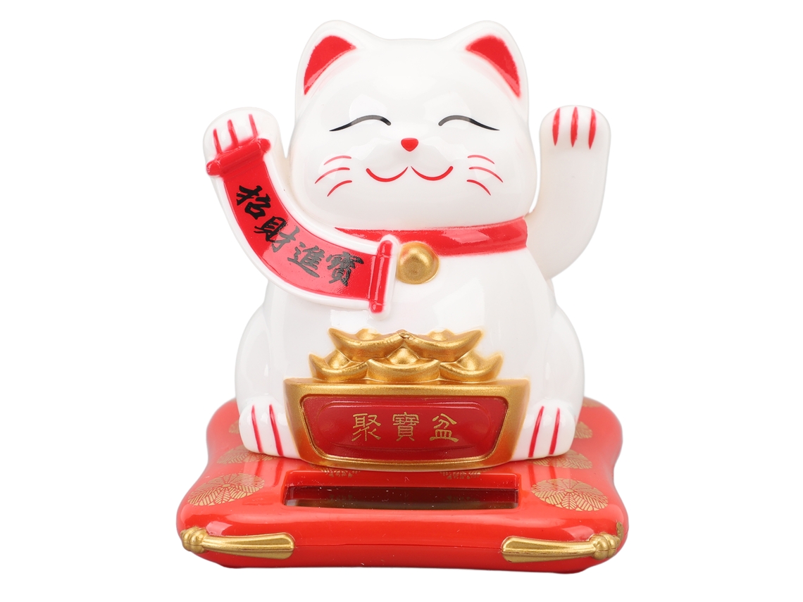 Gato de la suerte 2026 con brazo móvil alimentado por energía solar, gato de la suerte decorativo de plástico para tienda y coche 812-01 Blanco