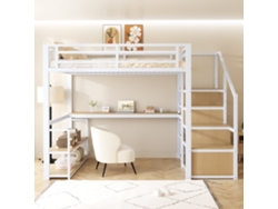 Cama Alta 140x200 Cm, Metal, Escalera Con Almacenaje, Estantes, Mesa, Barandillas, Estructura Estable, Blanco