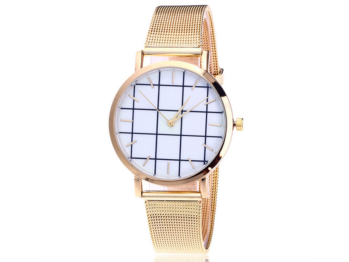 Reloj Unisex Con Correa De Malla, Esfera Geométrica A Cuadros, Aleación De Oro Y Movimiento De Cuarzo.