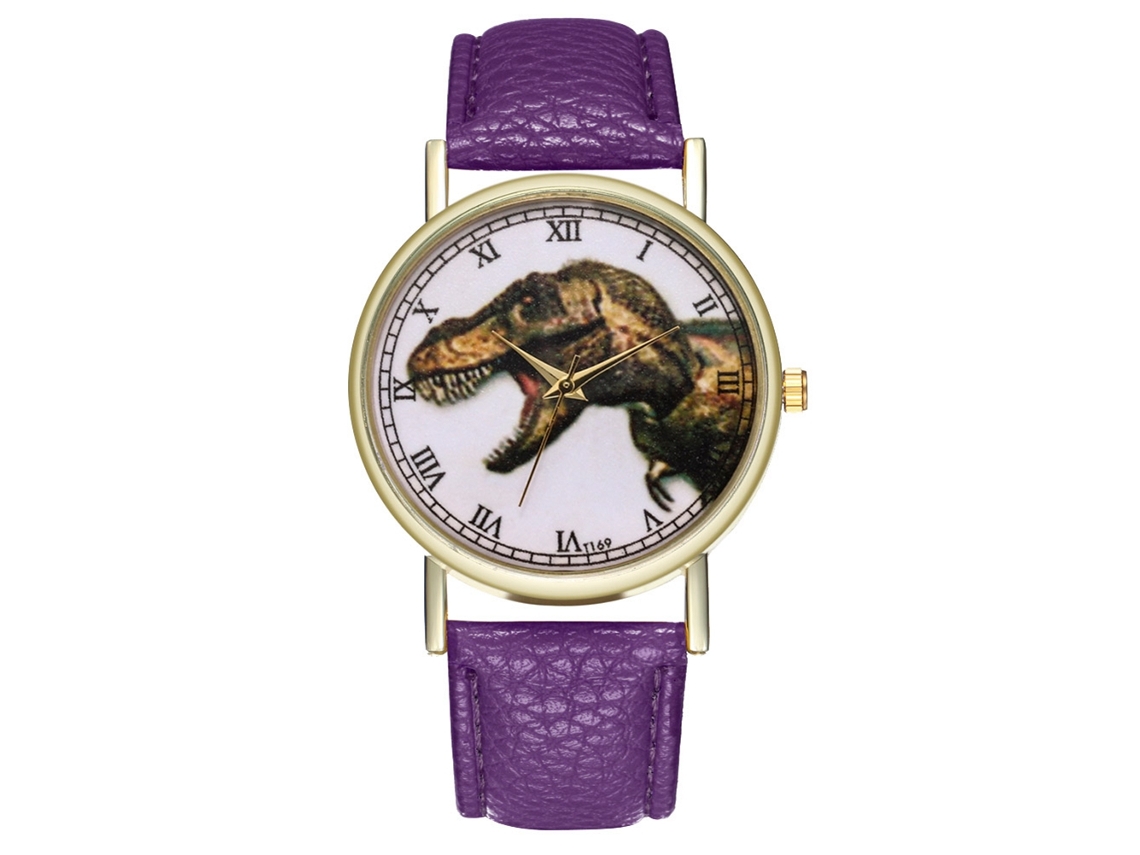 Elegante Reloj De Pulsera Unisex Informal Con Estampado De Dinosaurios Y Movimiento De Cuarzo Morado.