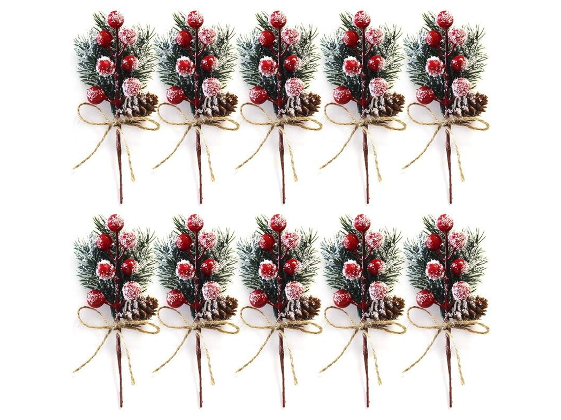 10 Ramos De Bayas Rojas Navideñas (15 Cm) Con Piñas Y Acebo - Decoración Artificial