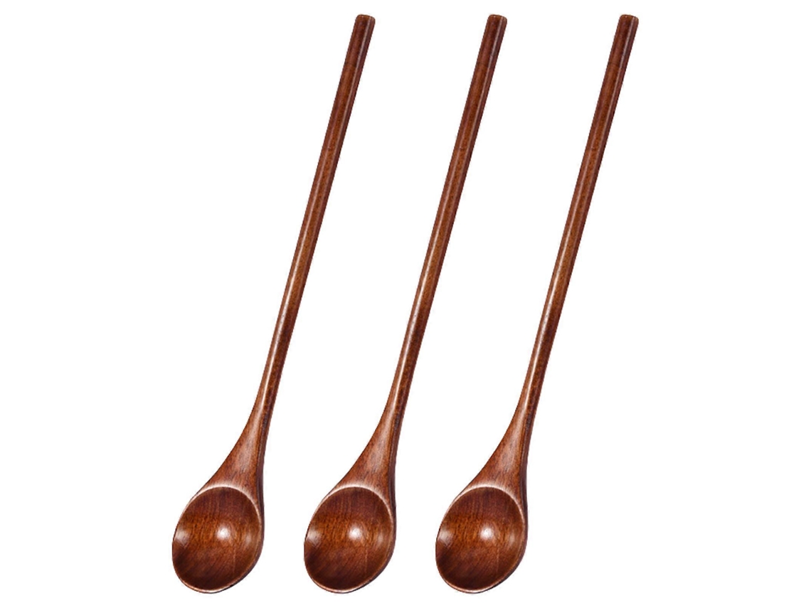 Juego de 3 cucharas de madera con mangos largos, ideales para remover té, café y cócteles. Un utensilio de cocina práctico y práctico.
