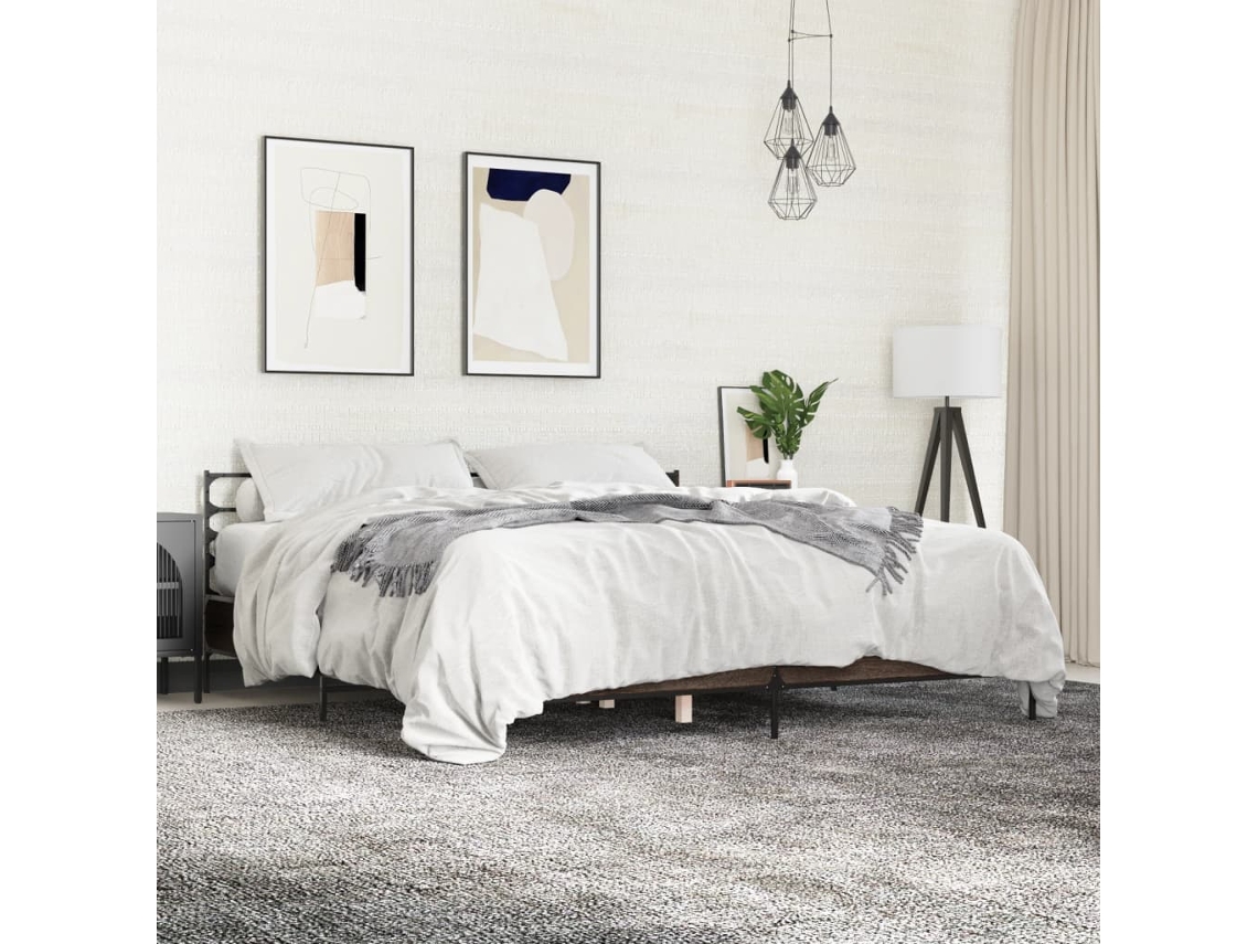Estructura Cama Madera Ingeniería Metal Marrón Roble 200x200 Cm