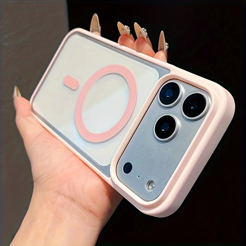(iphone 13 Rosa) Funda Protectora Magnética Magsafe Con Carga Inalámbrica Y Cubierta Trasera Rígida Transparente.