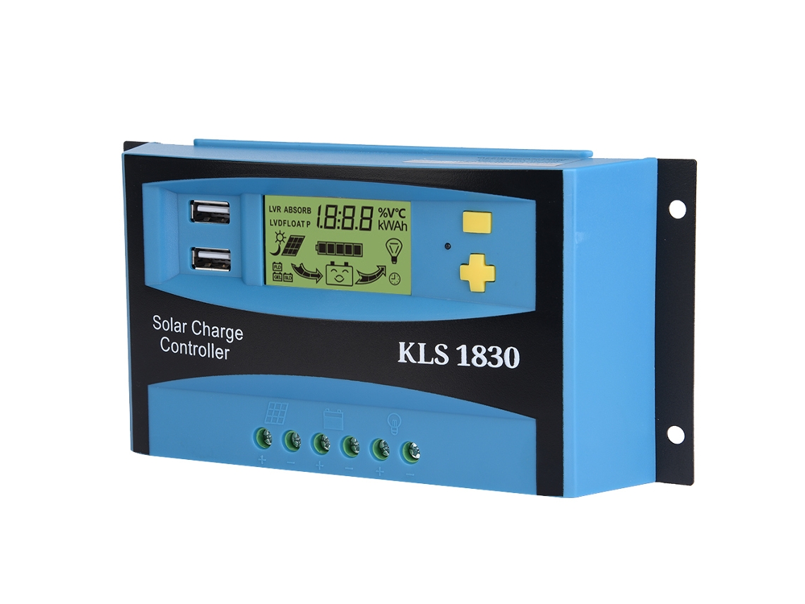 Controlador de carga solar con panel USB dual, LCD, 12 V/24 V, 30 A (azul)
