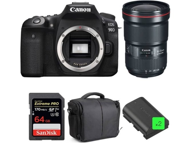 Kit Cámara Réflex CANON EOS 90D + EF 16-35mm f/2.8L III USM + SanDisk 64GB + 2 LP-E6N + Bolsa