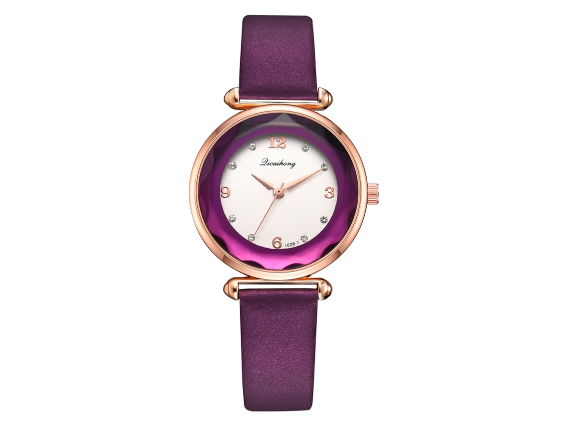 Reloj De Pulsera De Cuarzo Para Mujer Con Correa De Piel Sintética, Bisel De Oro Rosa Con Diamantes De Imitación Morados.