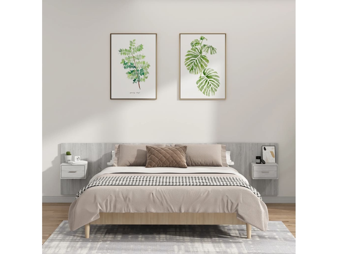 Cabecero De Cama Y Mesitas Madera Contrachapada Gris Hormigón