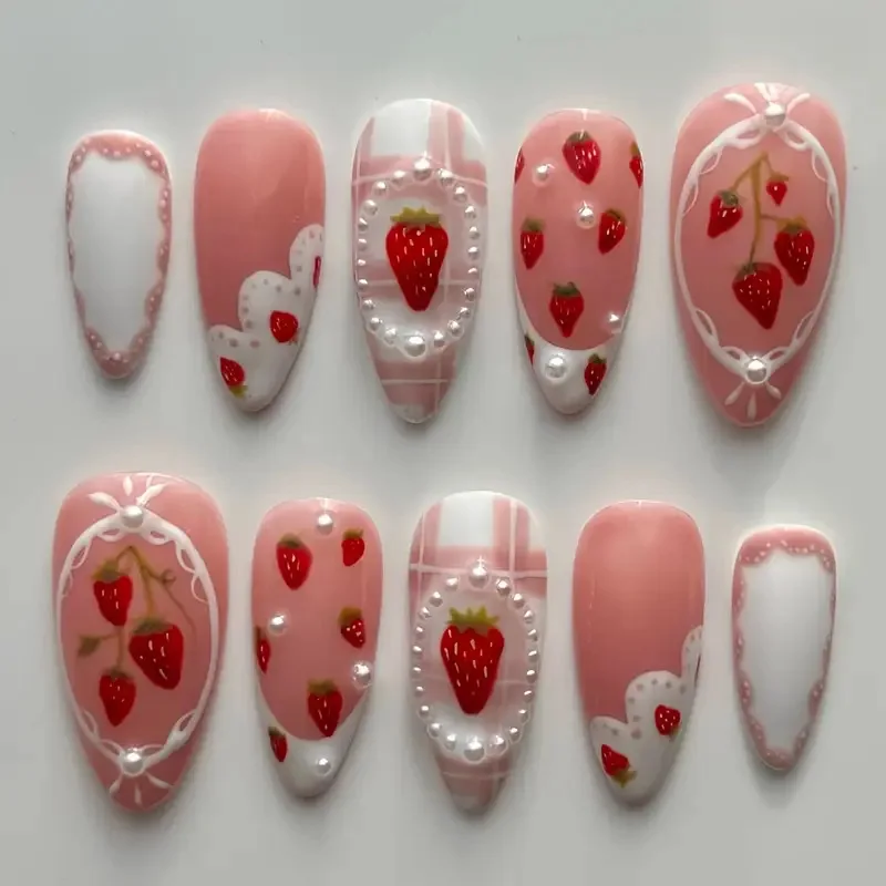 (xm562-xs) 10 Uñas Postizas Hechas A Mano Con Diseño De Perlas, Tipo Presión.