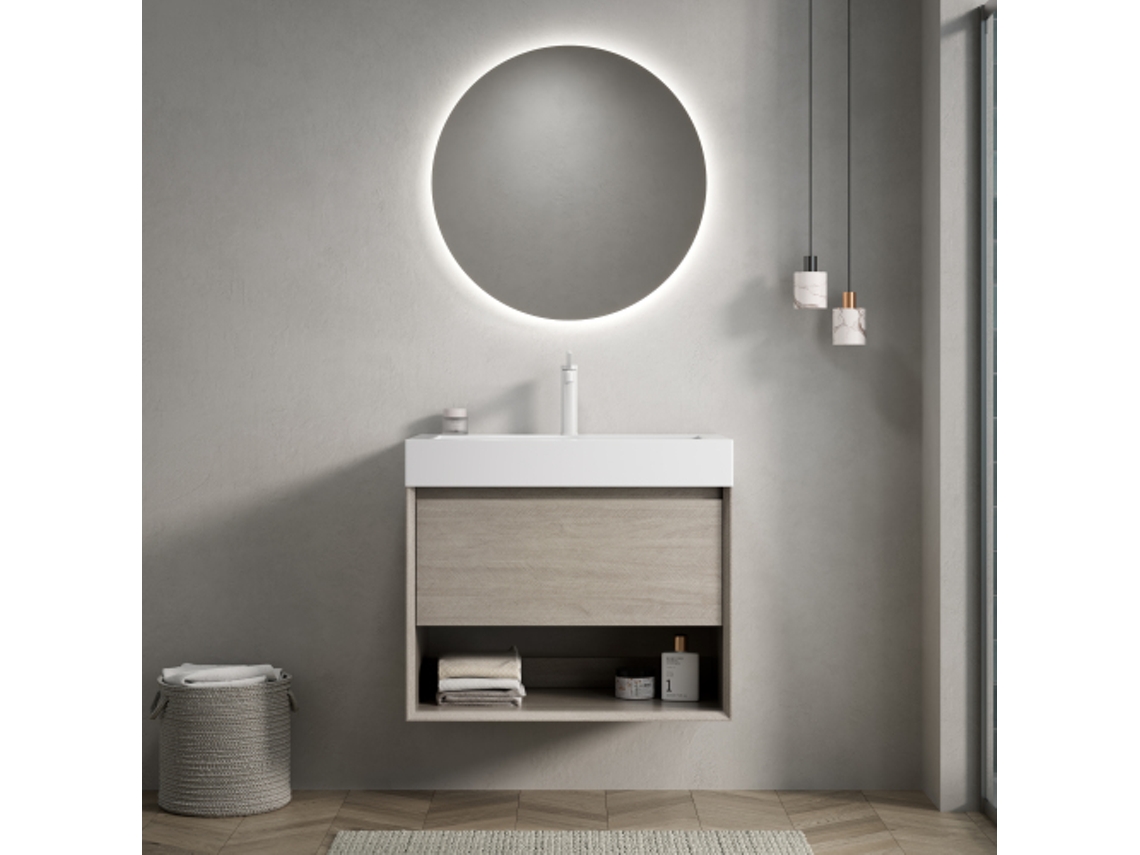 Mueble de baño suspendido de 70 cm con lavabo de resina integrado y cajón, color roble claro.