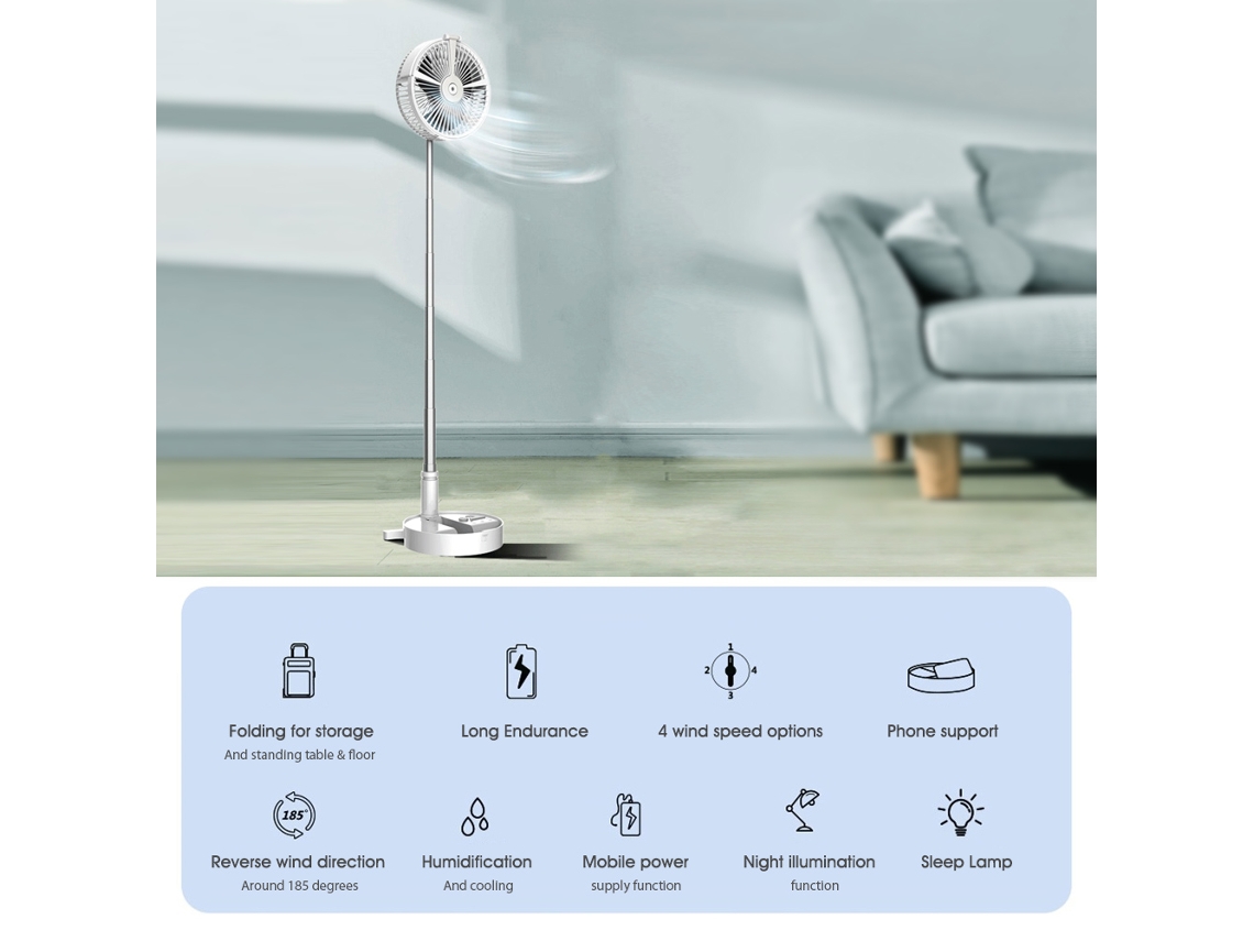 Ventilador Portátil Plegable H9 Con Usb, Rociador, Humidificador, Luz Nocturna Y Batería De 7200 Mah.