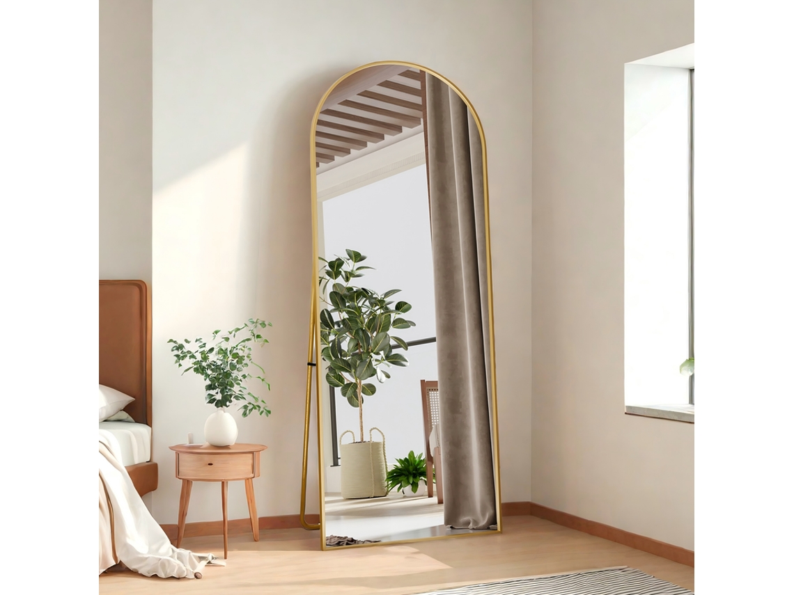 Espejo de cuerpo entero, 165x60 cm, acabado dorado arqueado, marco de aluminio, cristal templado, ideal para la decoración del dormitorio