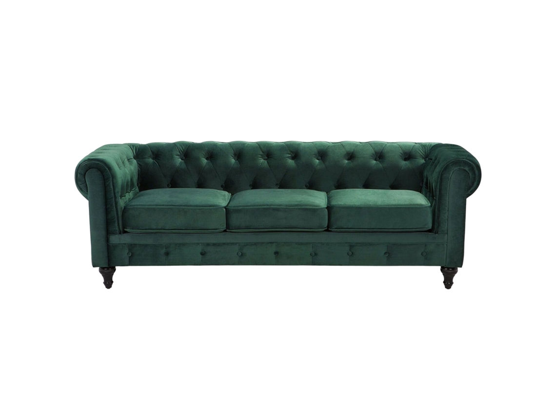 Sofá de 3 plazas BELIANI Chesterfield de Terciopelo Verde 202x75x70