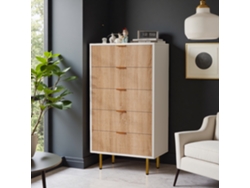 Cómoda de 5 cajones de 60x34x110cm, cómoda moderna con tiradores dorados, madera blanca y natural, estilo nórdico de lujo para el dormitorio.
