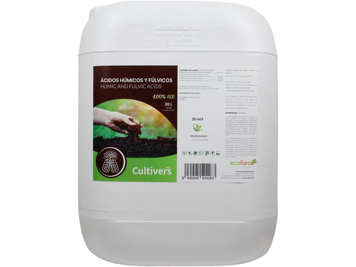 CULTIVERS Abono de Ácidos Húmicos y Fúlvicos 20 L Fertilizante de Leonardita. Potencia la fertilidad del Suelo
