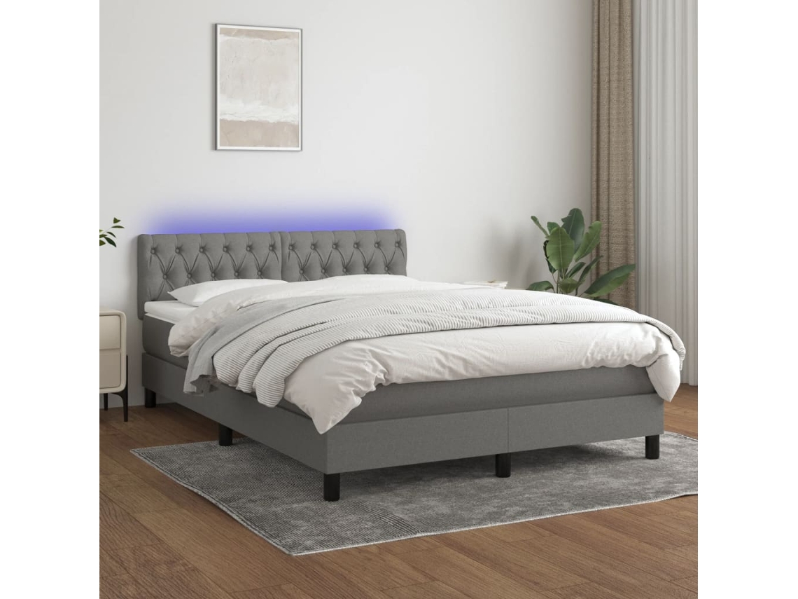 Cama box spring colchón y luces LED tela gris oscuro 140x200 cm